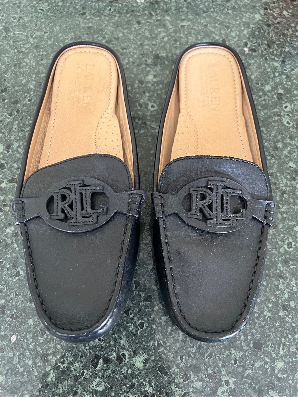 Ralph Lauren Black Leather RLL Emblem Slip-On Mules